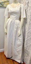 1960s White Wedding Dress Taffeta Bridal Gown Pearl Beading Covered Buttons