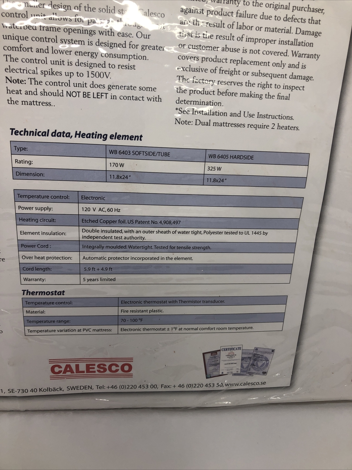 Calesco Waterbed Heater WB 6405 Hardside NIP eBay