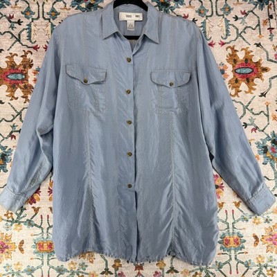 Louise Paris Womens Blue 100% Silk Button Down Shirt Contrast Stitch Sz M