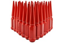 24 Pc M14x1.5 Mirror Red Spike Lug Nuts 4.5" Tall Solid 1 Piece Spiked + Key ...