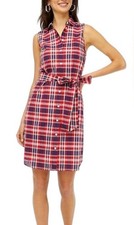 J.CREW Red/White/Blue Plaid Sleeveless Shirt Dress Belted Pockets Size 4