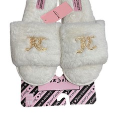 Juicy Couture Women's Slide Slippers White Gold Faux Fur Size X-Large 9.5-10.5