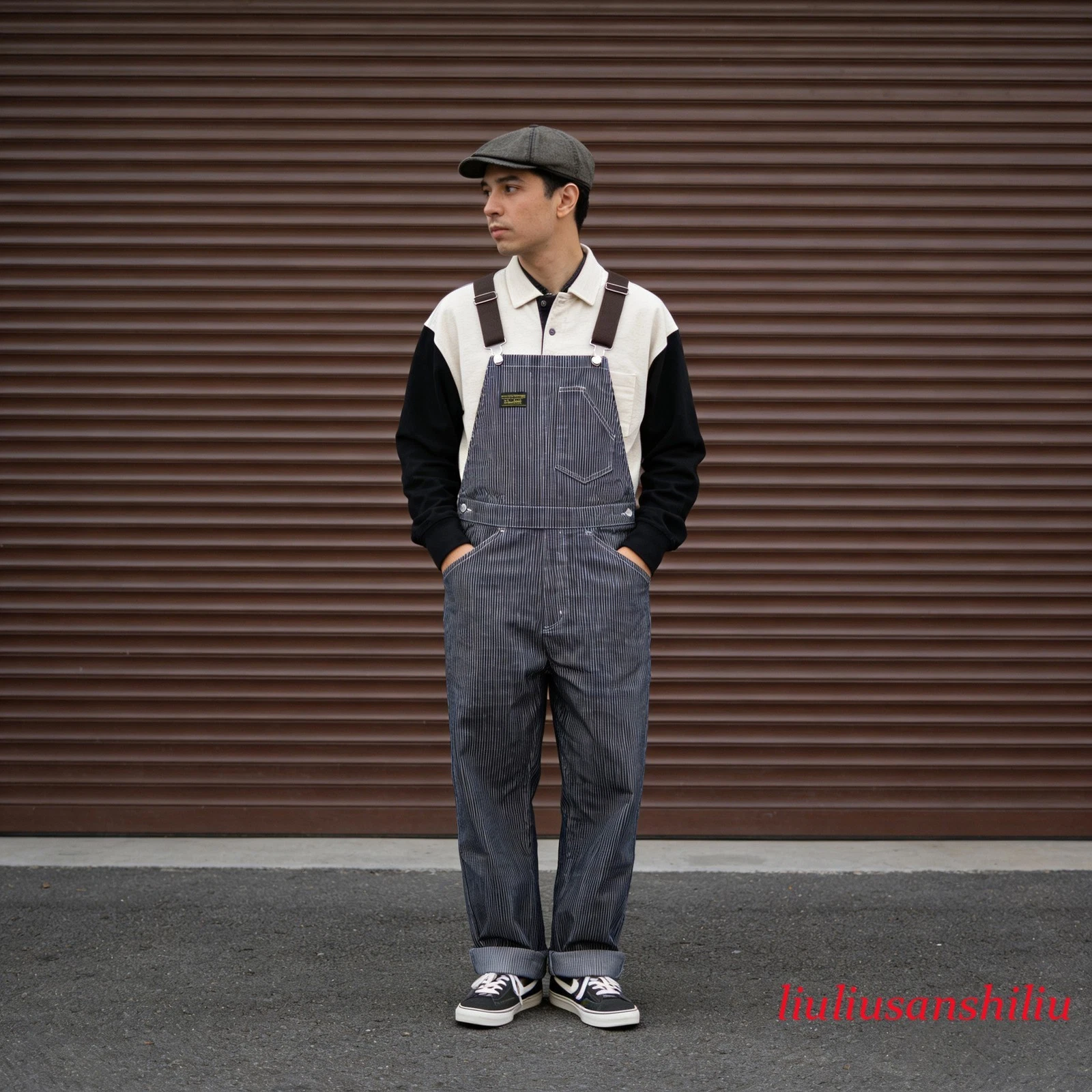 Mens Outdoor Canvas Logger Pants Amekaji Railroad Stripe High Back Work Overalls