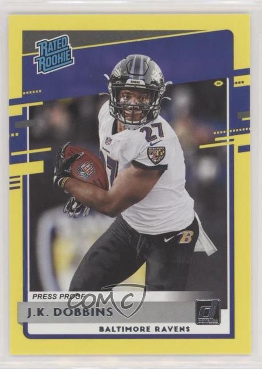 2020 Donruss Rated Dollar Tree Press Proof Yellow JK Dobbins #311 Rookie RC sq1