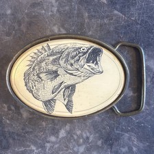 VINTAGE Barlow Fish Belt Buckle 4x4 Faux Scrimshaw Solid Brass USA