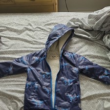 Hatley Kids Dinosaur T Rex Rain Jacket Hooded Size 4 Brown Blue Faux Fur-Lined