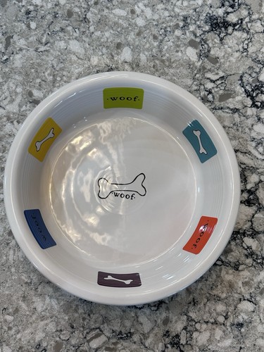 Fiesta White 2 Quart XL Pet Bowl Woof Dog Bone 64 Oz ~ 10 5/8” Fiestaware USA