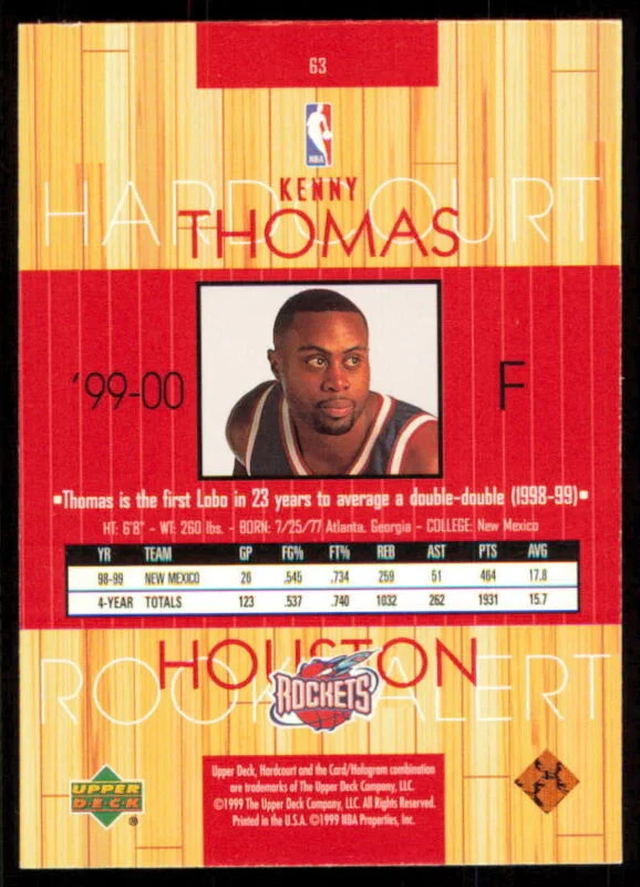 1999 UPPER DECK HARDCOURT KENNY THOMAS 63 MINT RC BASKETBALL HOUSTON ROCKETS - Image 2 of 2