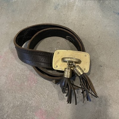 Just Cavalli Y2K Brown Leather Belt Brass Buckle Logo Tassels Italy Size 90