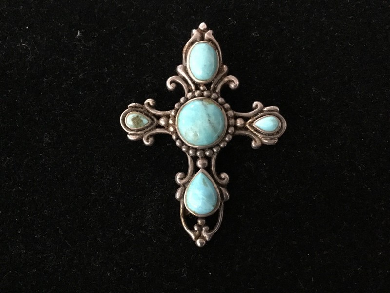 SX 925 Thailand Sterling Silver Turquoise Cross Pendant Vintage Estate 11.9 gram