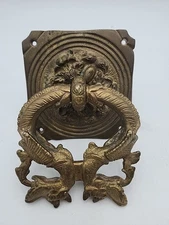 Vintage Heavy Brass Dragon Yali Ornate Hanging Ring Door Knocker Patina 