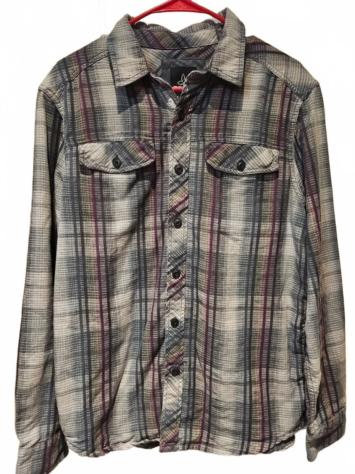 Prana Shirt Men Small Plaid Flannel Button Down Long Sleeve Gray Purple