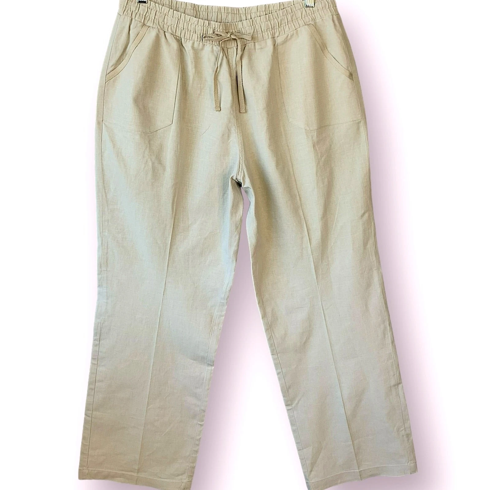 C EST 1946 Linen Blend Relax Straight Lounge Pants Women L Tan Elastic High Rise