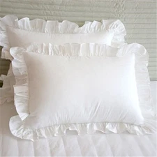 Precious Star Linen White Edge Ruffle Full/Queen Size Pillow Shams Long-Stapl...