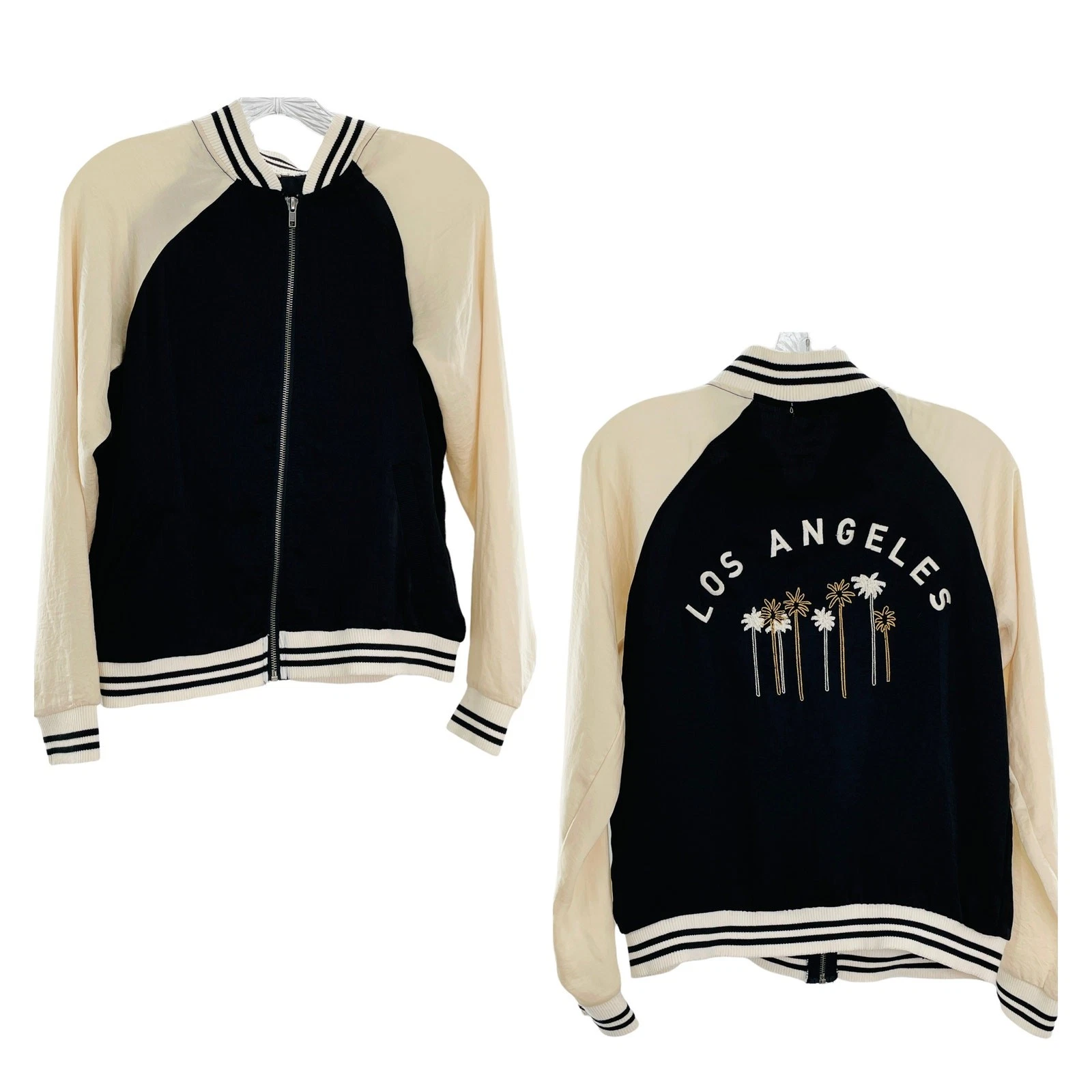 PALM ANGELS Giacca Bomber ABOUT A GIRL Nero e Crema 'LOS ANGELES' Palme Ricamate S