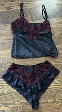Vtg Romance Nylon Cami Panties Sheer SET Lace Med Lace Red Hot Sissy Ruffle USA