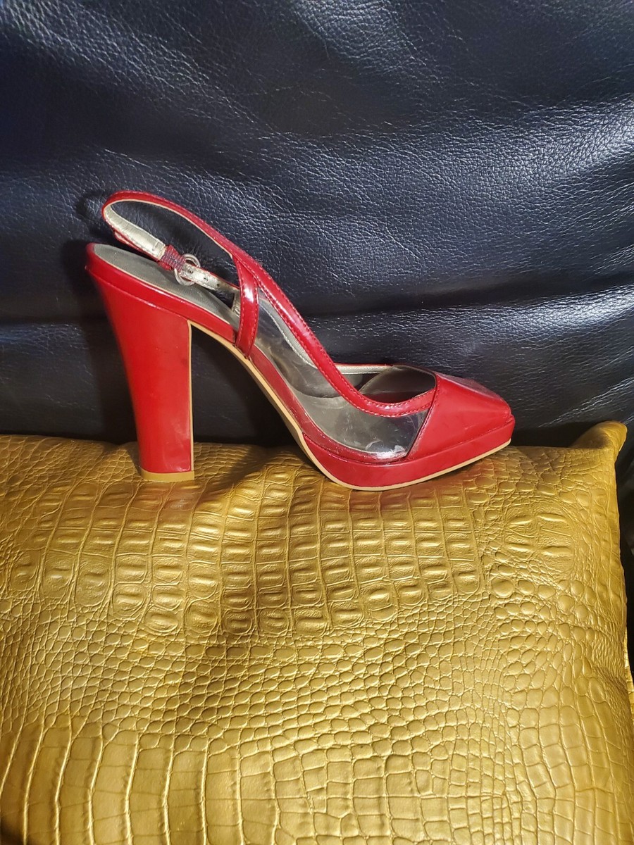 Nine West Red Patent Leather Slingback Platform Block Heels Platform Size  M