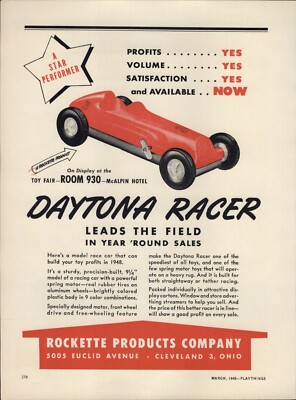 1948 PAPER AD Rockette Daytona Model Racer Race Car Doll-E Bath Bed Swing Glide 