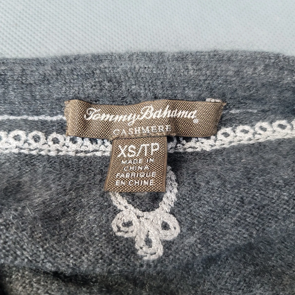 Tommy Bahama Gray White Embroidery 100 Cashmere Long Sweater Tunic 3 4 Slv. XS