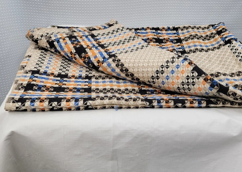 Vtg Jacquard Woven Fabric 45" X 10" Plaid Orange Black Blue White Tan Retro - Image 2 of 4