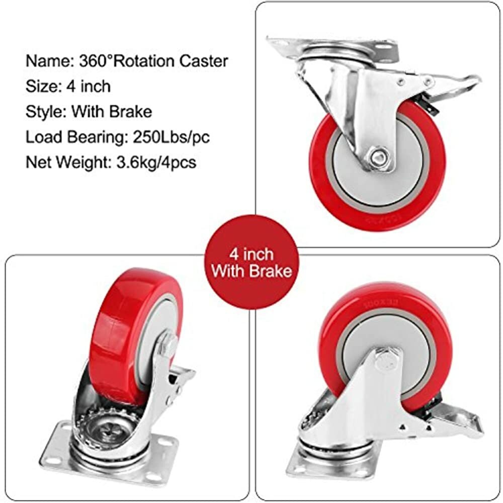 4" Swivel Plate Caster Wheels, Heavy Duty Metal Lock The Top And