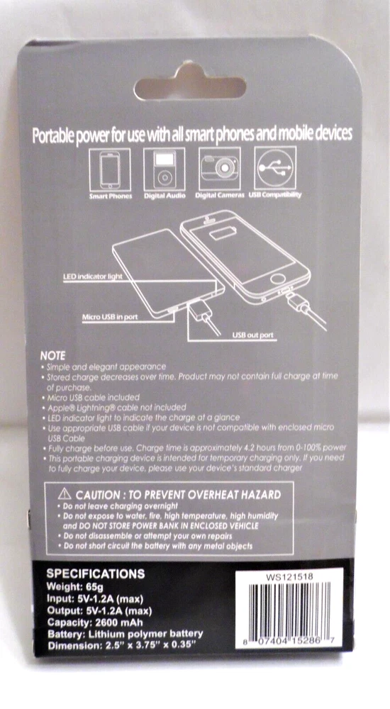 Power Bank Ultra Thin rechargeable barnd new 2600 mAh Gray Micro usb included