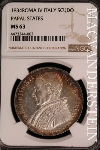 Italy Papal States: 1834 Roma IV Italy Scudo - NGC MS 63 - Scarce  +++  #SLU858
