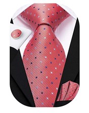 Mens Plaid Ties Classic Paisley Necktie with Handkerchief Cufflinks Coral Pink