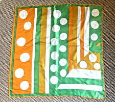 Vintage 70s Vera Neumann Polyester Sq Scarf - JAPAN - GREEN ORANGE WHITE CIRCLE