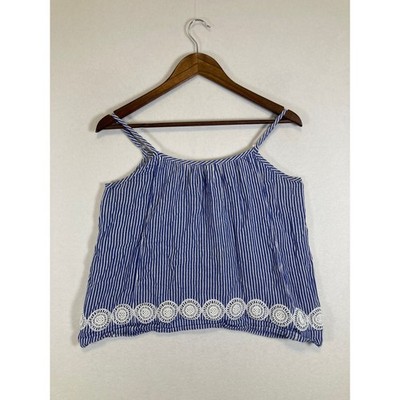 Nautical J.Crew Camisole Women XS Blue White Striped Linen Blend Crochet Trim