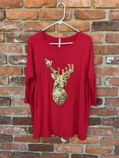 Acting Pro Red Gold Sequins Deer Shirt M Holiday Christmas Blingy Boutique