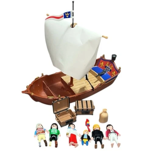 VTG Playmobil Pirate Ship, Figures, Parrot, Treasure Chest
