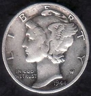 1944 US War Time Mercury Silver Dime, Fine-Very Fine, Beautiful Toning, KM 140