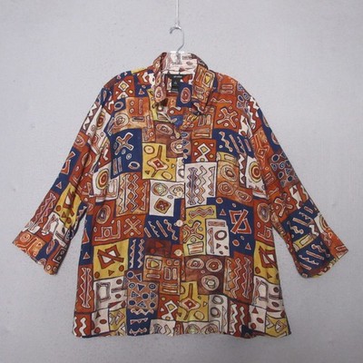 Ali Miles Top Tunic Large Tribal Multi Abstract Geometric Art To Wear Boho Zip