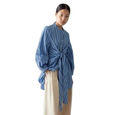 TOAST Sz 8 Sodalite Blue Stripe Poplin Wrap Front Long Sleeve Shirt 100% Cotton