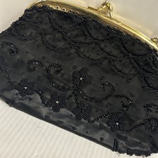Vtg Hand Beaded Richere Black Beaded Evening Bag Change Pocket Hong Kong/235e