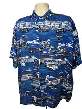 Vintage All Over Print Blue Button Up Shirt Mens XL Pocket Retro 50s Hot Rods