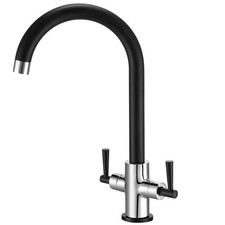 Hapilife Black and Chrome Kitchen Tap Dual Lever Swan Neck Monobloc