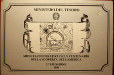NL*ITALIA 500 Lire Argento 1990 SCOPERTA AMERICA 2^ EMIS FDC SET Originale zecca