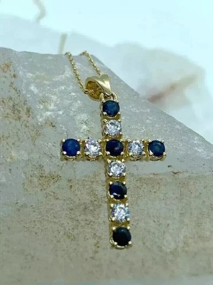 Lab Created Sapphire 2Ct Round Cut Cross Women's Pendant 14K Yellow Gold Plated