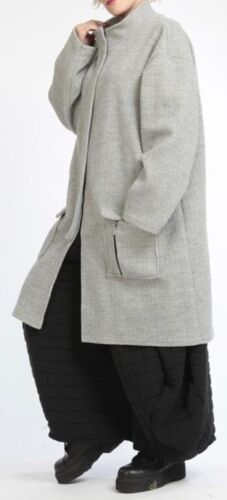 PLUS SIZE GREY BOILED WOOL LONG JACKET WITH A-STAND UP COLLAR Size 24-28 - Picture 5 of 5