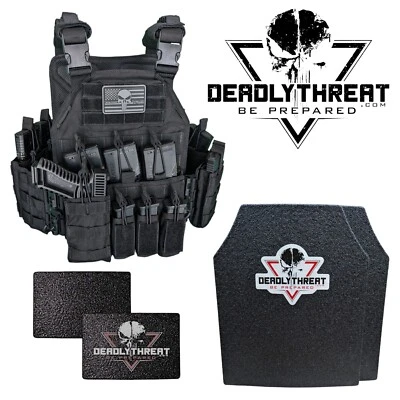 DEADLY THREAT ARMOR Urban Assault Black Storm Tactical Vest Plate Carrier W/ Level III Armor Plates