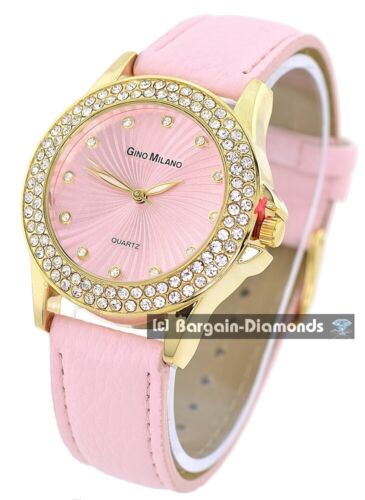 Ladies Dress Gold tone Pink-CZ Watch Pink Dial CZ Hours up to 8.5" Wrist