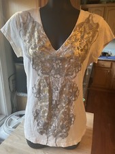 Women  s CALVIN KLEIN JEANS V-Neck Tee W/Floral Graphics, Size Medium EUC