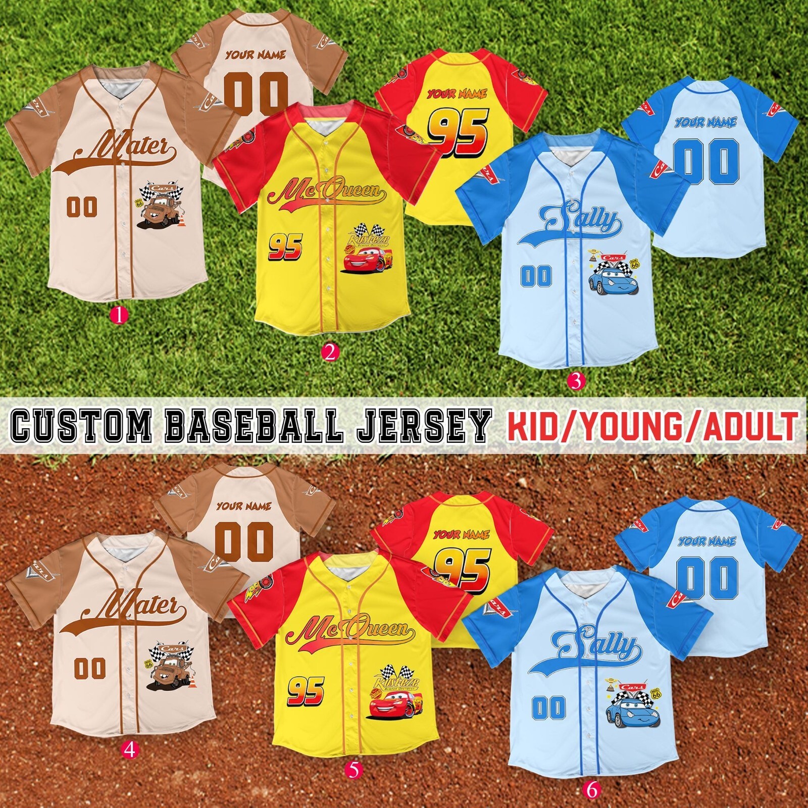 Custom Disney Cars Lightning McQueen Baseball Jersey for Kids & Adults