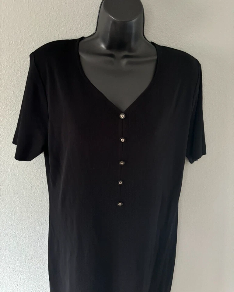 Exclusively Misook Size Large Womens V Neck Short Sleeve Black Midi Sheath Dress - Image 4 of 4