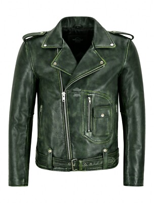 Men's Biker Jacket Green Vintage Brando Style Thick Cowhide Riding Jacket Aster