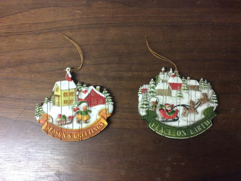 2 Vintage Christmas Ornaments Pease On Earth & Season’s Greetings Hong Kong