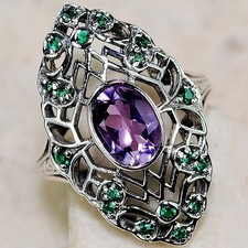 2CT Natural Amethyst  Emerald 925 Sterling Silver Art Deco Ring Sz 6,7 US6