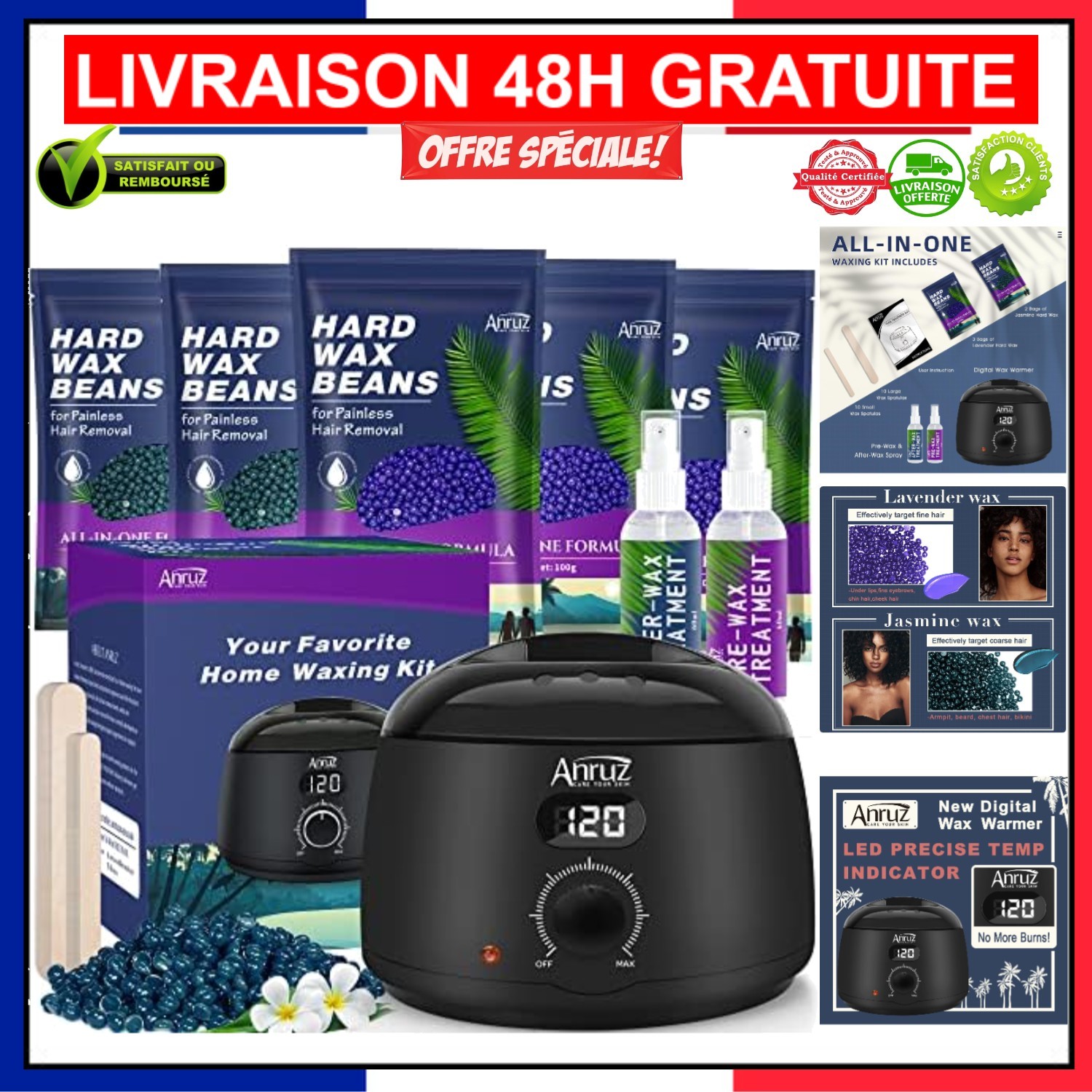 Kit épilation cire chaude jambes et maillot avec 20 spatules bois